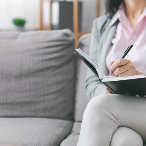 A woman sits on a gray couch in a living room. She is writing in a black notebook with a pen in her right hand. The scene is calm and serene, with the woman focused on her writing, copy space